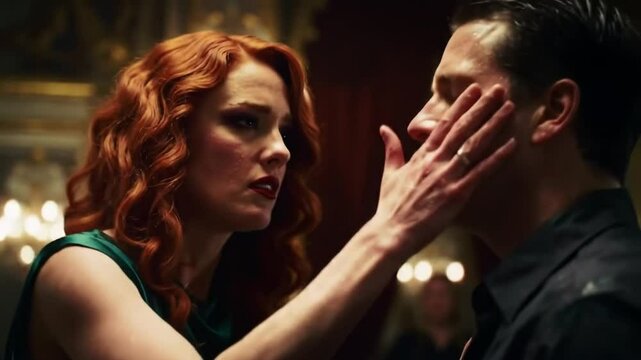 Dramatic Confrontation: Woman Slapping Man in Elegant Setting, Emotional Intensity