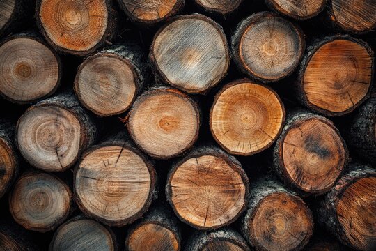 Close-up view of stacked wood logs.  Stacked timber circles, showing wood grain and texture.  Natural tones of brown and gray.  Forestry, lumber, or firewood