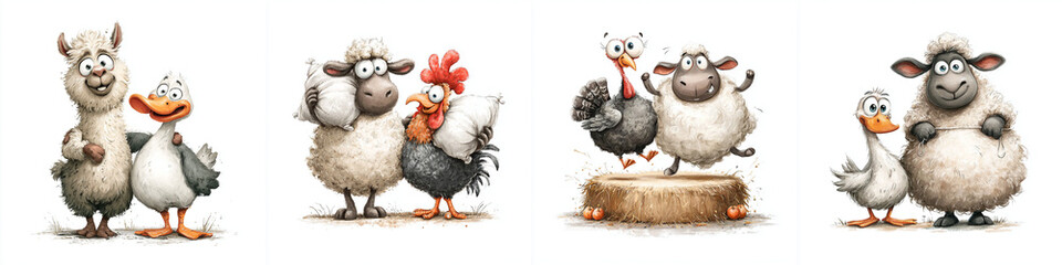 Set of fun watercolor barnyard animals - isolated on white background  