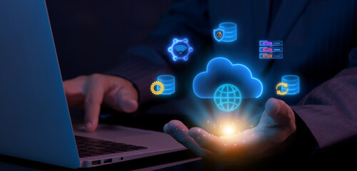 Cloud technology concept for data management system, online database storage, networking and internet service. Information system for business. Cloud computing icons on virtual screen.