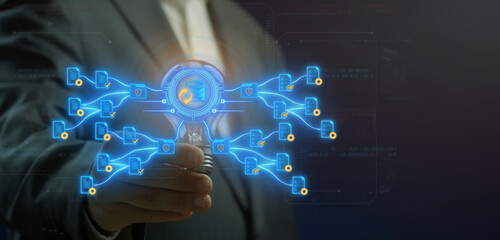 Data Management concept, practice of collecting, organizing, managing, and accessing data to support productivity, efficiency, and decision-making. Data management icon on virtual screen.