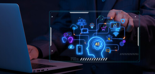 Businessman shows AI integration icons on virtual screen. AI artificial intelligence machine learning concept, big data, innovation technology, cloud computing, futuristic, internet network.