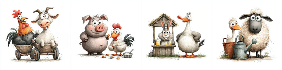 Set of fun watercolor barnyard animals isolated on white background  