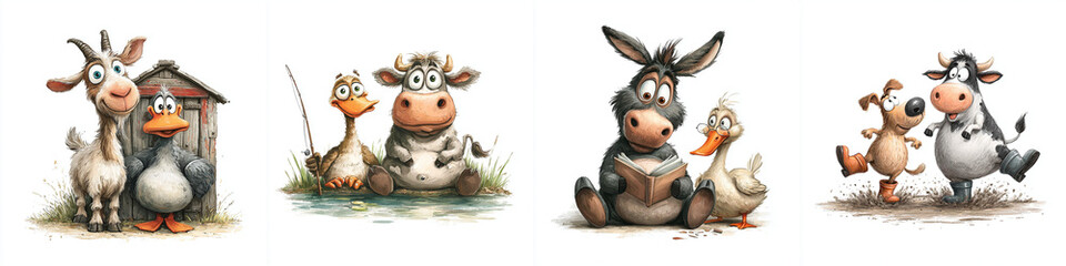 Set of fun watercolor barnyard animals isolated on white background  