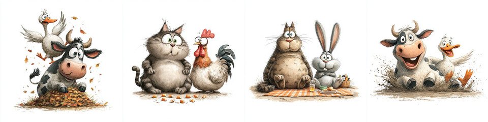 Fun watercolor barnyard animals isolated on white background for print  