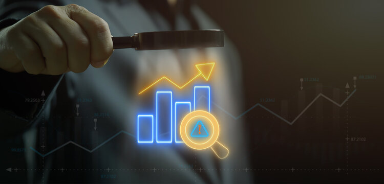 Data Analytics concept, infographic dashboard showing KPIs, performance metrics, and business insights from large data sets. Businessman shows risk analysis icon on virtual screen.