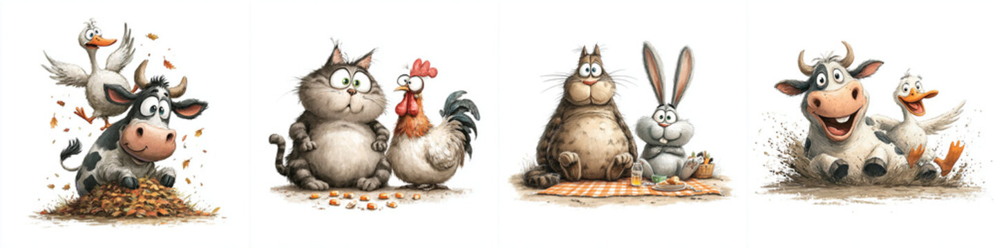 Fun watercolor barnyard animals isolated on white background for print  