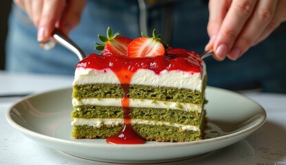 Close up of hands cutting a slice of green layered cake with strawberries and red sauce on a white plate