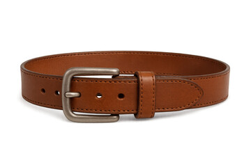 Stylish brown leather belt featuring a metal buckle, displayed on a transparent background, ideal for fashion and accessory design