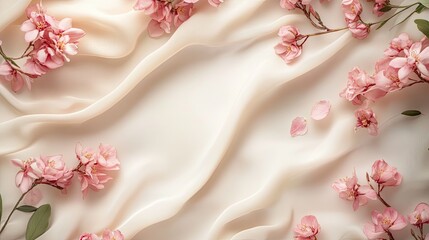 Delicate pink flowers and petals artfully arranged on a soft, draped ivory silk fabric