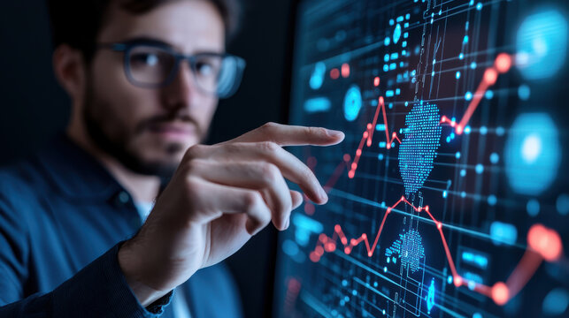 Businessman analyzing data trends digital screen, showcasing advanced technology and analytics