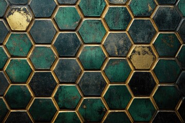 Hexagonal tiles in teal and gold.  Detailed close-up view of repeating teal and gold hexagonal shapes, with dark grout lines.  Textured surface with subtle variations in color and tone
