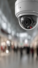 Modern white circular surveillance camera with a glossy finish, mounted in a retail environment. Blurred store interior in background. Clean security concept with caption space on the side.

