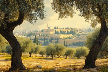 Olive trees frame a sunlit city nestled in a hillside