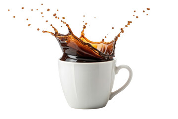 Coffee splash in white mug isolated on transparent background