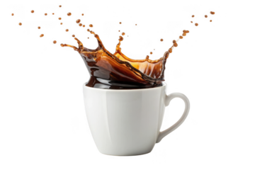 Coffee splash in white mug isolated on transparent background