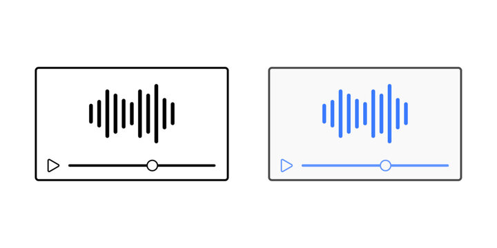 Audio description track icon with video player, play button, and sound wave, ideal for descriptive audio services, video accessibility, and support for visually impaired users.