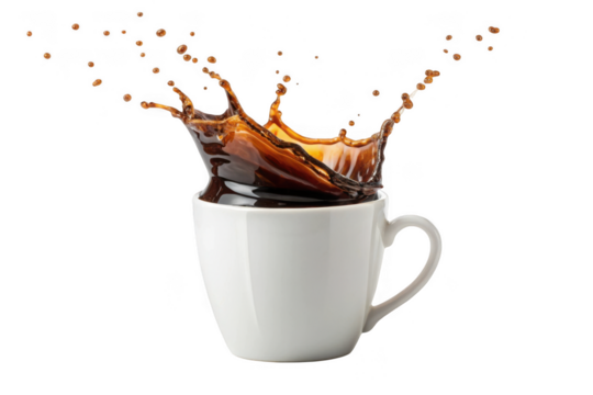 Coffee splash in white mug isolated on transparent background