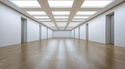 Empty white gallery, light panels, wooden floor