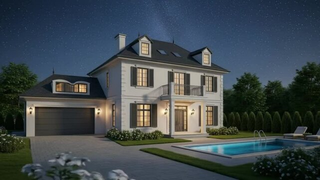 A nighttime view of a two story house with a swimming pool and a star filled sky above it all