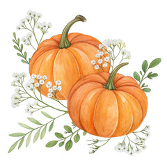 Autumn pumpkins with flowers isolated on transparent background