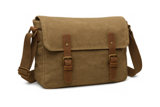 Vintage brown canvas messenger bag featuring leather straps, buckles, carrying daily items with rustic urban style against transparent backdrop