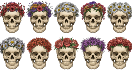 set Vibrant Hand-Drawn Skull Adorned with Delicate Floral Bouquets, Isolated on Transparent Background	