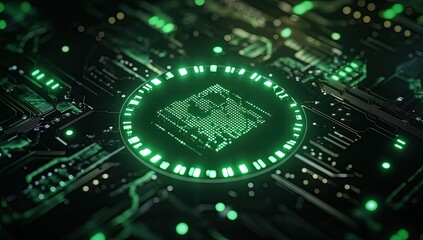 A glowing green circuit board, with a glowing green square in the center