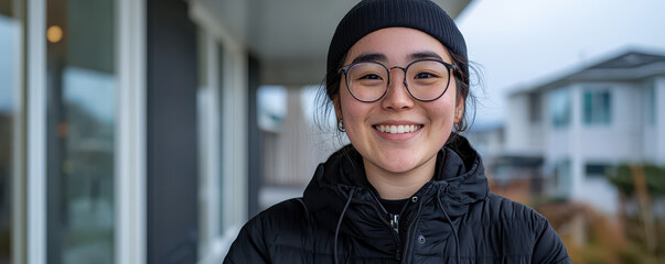 Smiling young woman wearing glasses and beanie, standing outdoors in casual setting