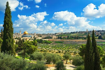 Panoramic view of Jerusalem's Old City,  featuring the golden Dome of the Rock, olive groves, and a sunny sky