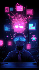 Businessman immersed technology, surrounded by glowing data and AI icons, symbolizes innovation