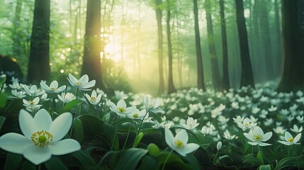 Misty forest floor blanketed in white flowers, sunlight filtering through trees