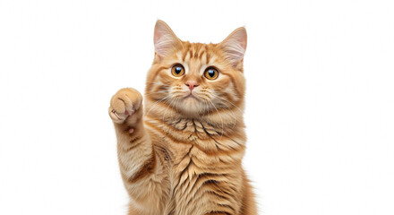 Charming red tabby kitten raises its paw against a clean white background, showcasing its adorable innocence and playful curiosity.