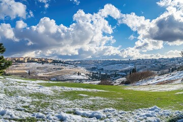 Obraz premium Panoramic winter view of a city nestled in a valley, blanketed in snow