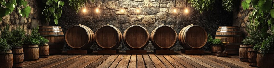 Aged Wooden Wine Barrels in a Stone Cellar (1)