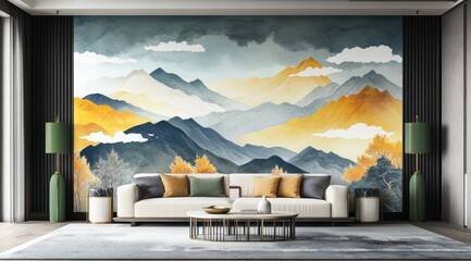 Mountain landscape wall art in a modern living room