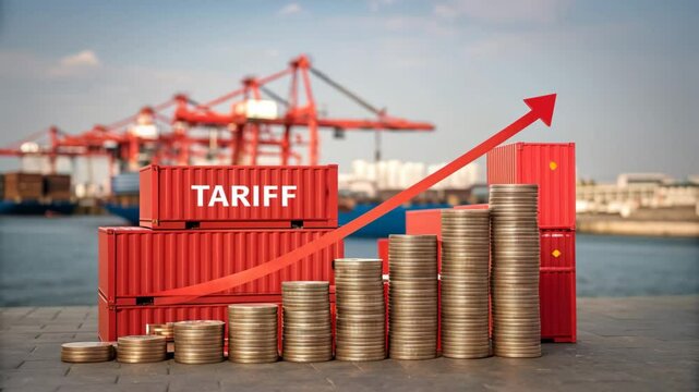 Stacked coins and cargo containers with red upward arrow representing tariff increase and rising trade costs in global shipping economy.
