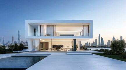 Modern white house by pool, city view
