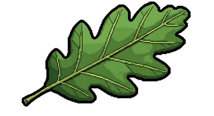 Pixel Art Oak Leaf Vibrant Green Detailed Veins Bold Outline.