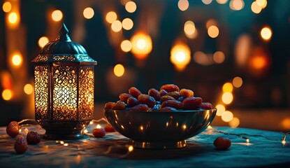 Ornate lantern beside bowl of dates in warm, festive glow