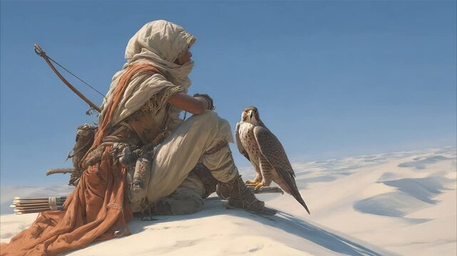 desert nomad hunter crouched on a dune bow 4K Videos