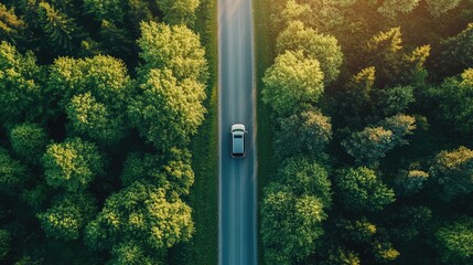 Aerial view of a road winding through a lush forest, with a single vehicle traveling down the center