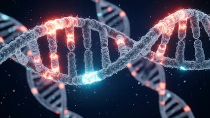 Rotating DNA Double Helix With Red And Blue Particles - Powered by Adobe