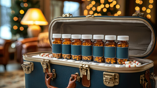 neatly organized suitcase showcases TSA approved first aid kit filled essential pill bottles and bandages, perfect for travelers preparing for any adventure