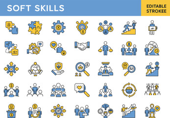 Soft skills icons, editable stroke vector set, teamwork and communication visuals, leadership and adaptability symbols, personal development graphics, problem-solving concept illustrations