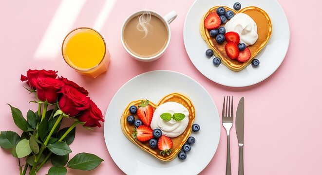 Romantic Breakfast Heart-Shaped Pancakes with Fresh Berries and Rose Bouquet for Valentine's Day