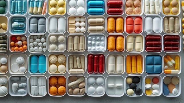 neat weekly pill organizer displays vibrant vitamins and supplements in open sections clean minimalist background enhances colorful arrangement, promoting organization and health
