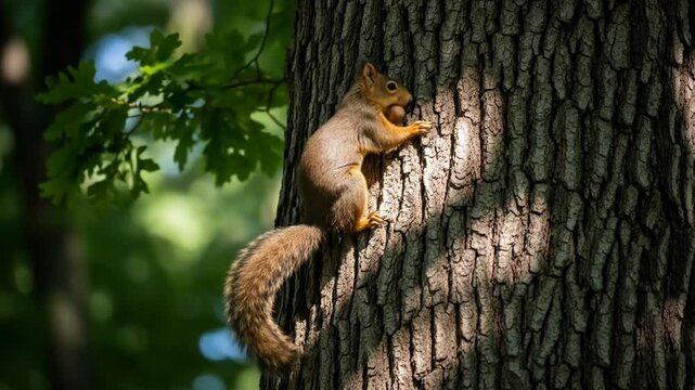 Squirrel Climbing Tree Carrying Nut in Nature