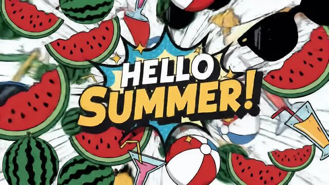 Vibrant hello summer animation with watermelon and beach elements