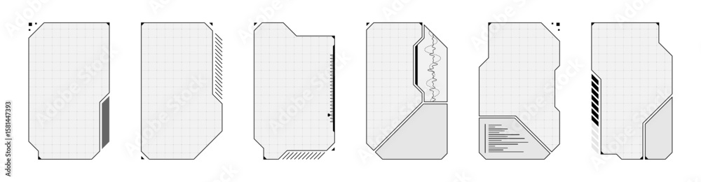 Fototapete Minimal sci fi game HUD with neon buttons, rectangular frames and cyberpunk UI elements. White and black overlay mimics live stream dashboard or VR player interface.